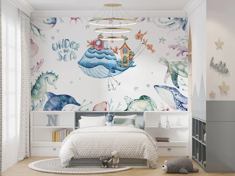 

Underwater World Child Room Wall Decor, Watercolor Underwater Life Kids Wallpaper, Sea Creatures Nursery Mural, Cute Whale Wall
