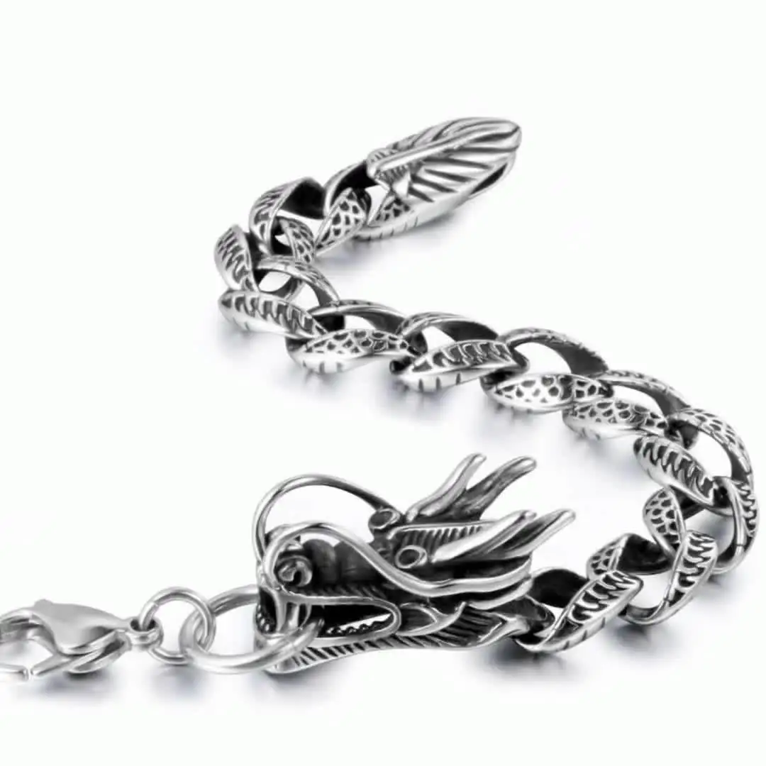 

Silver Stainless Steel Men's Dragon Cuban Link Chain Bracelet 15mm