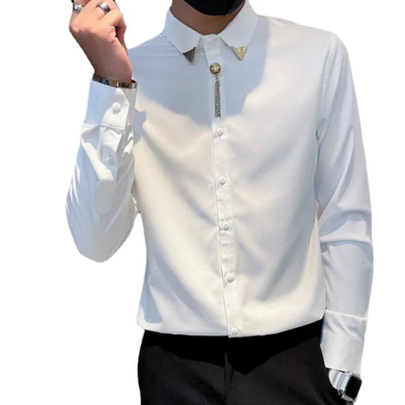 

Мужская Повседневная рубашка с длинным рукавом, облегающая уличная одежда, рубашки с индивидуальным украшением, одежда для вечевечерние, с...