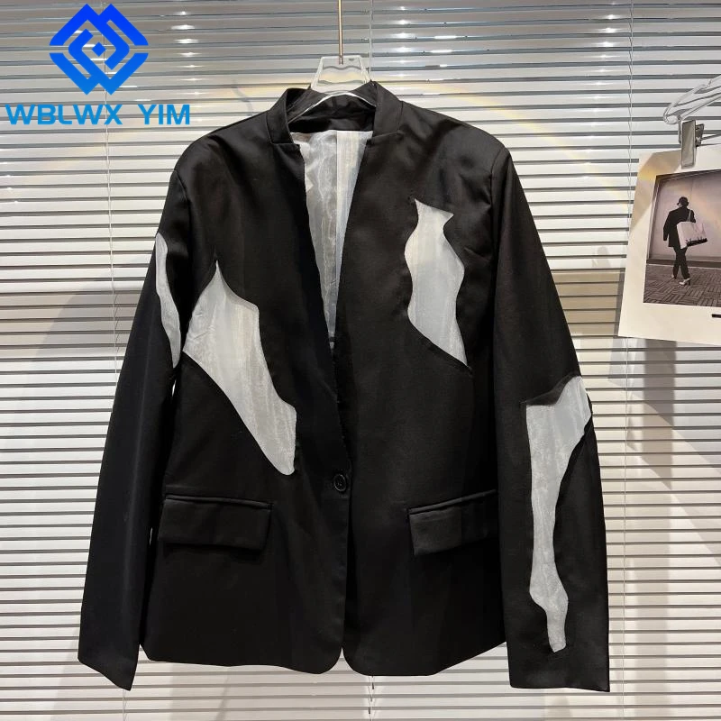 

High Quality Hollow Out Blazer Jacket Women Single buckle Fashion Mesh Spliced Suit Jacket Ladies Spring Loose Chic Blazers Coat