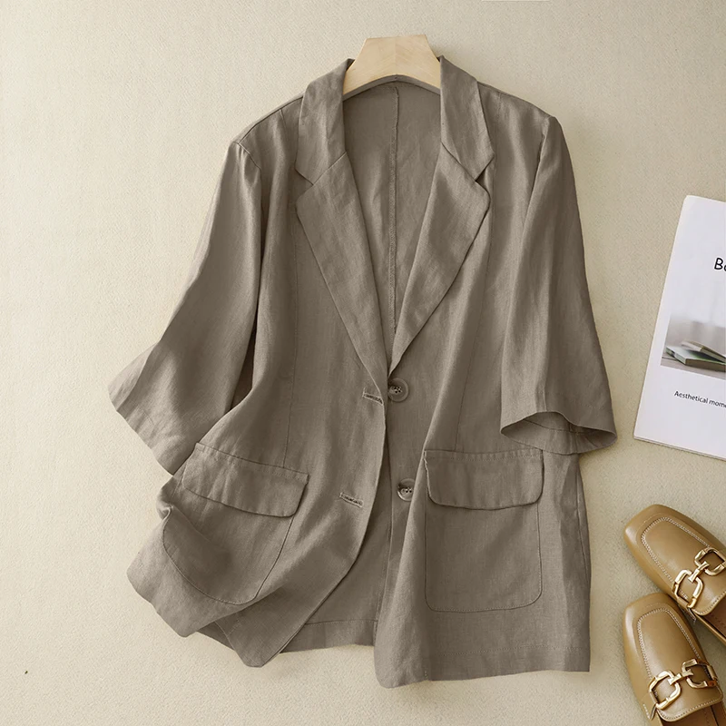 

Japanese Linen Blazer Female Summer New Fashion Commuter Elegant Open Thin Section Seven-point Sleeve Casual SunProtectionJacket