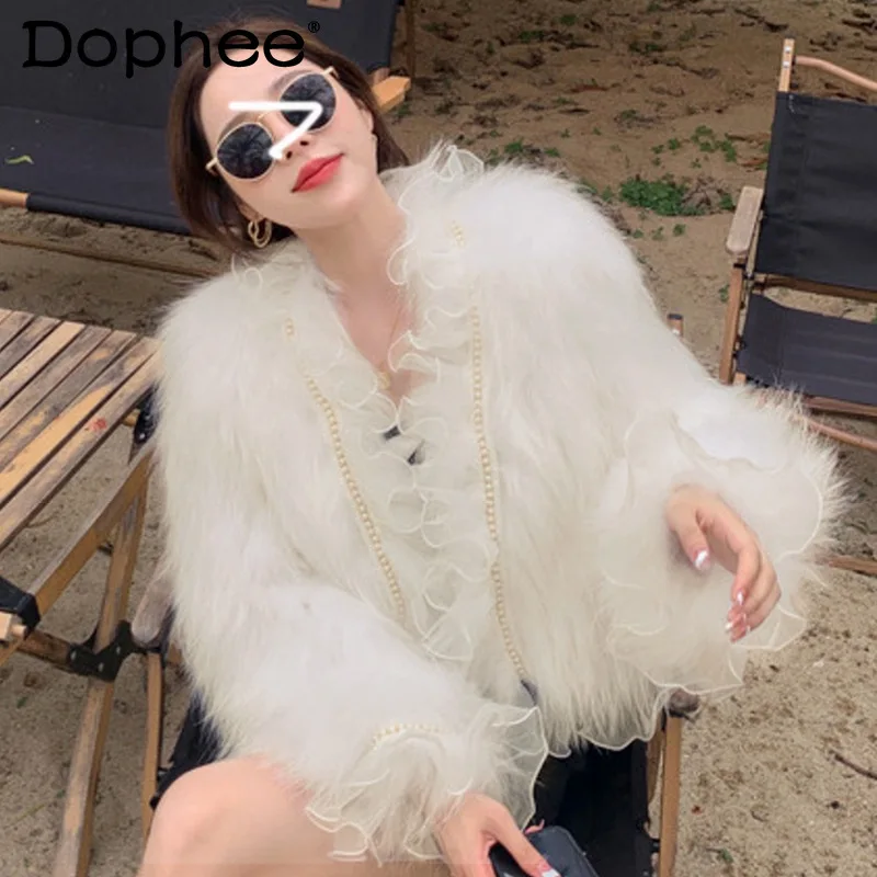 

Женское меховое пальто с бисером и кружевом из лисьего меха, зима 2021, милая Роскошная Корейская белая пушистая куртка с кисточками, женское ...