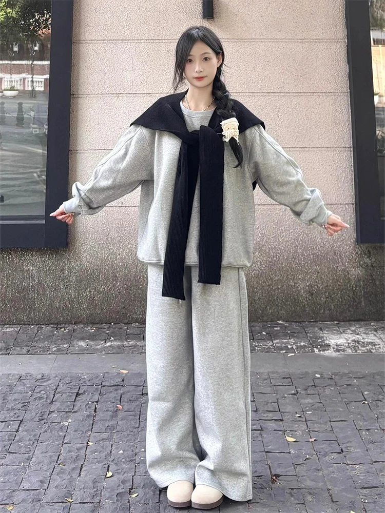 Casual Loose Sweatshirt Set Women Autumn and Winter Girls Age-Reducing Fleece-lined round Neck Hoodie Wide Leg Pants Running ...
