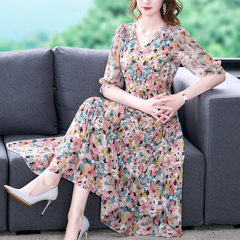 

Summer Floral Natural Silk V-Neck Midi Dress Women Boho Fashion Light Beach Sundress 2022 Korean Elegant Bodycon Casual Dresses