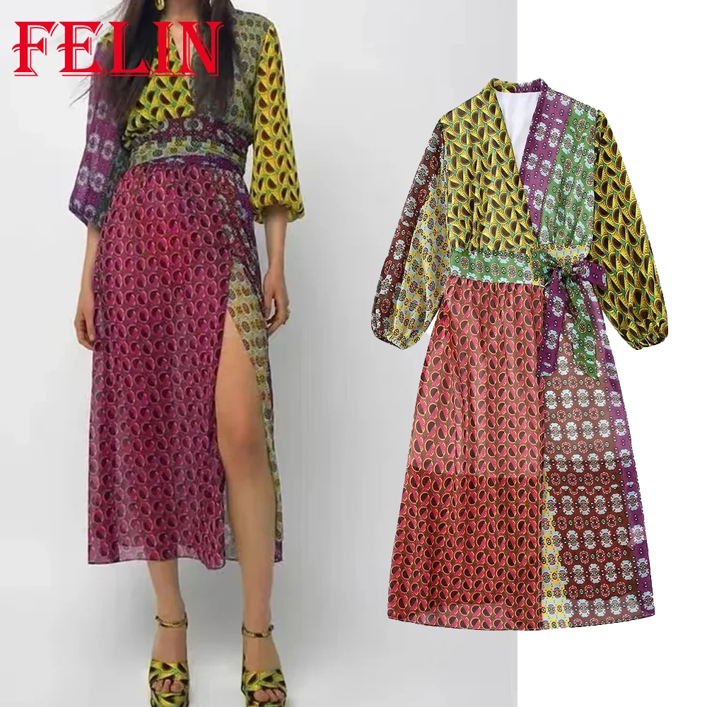 

Платье-миди с длинным рукавом, V-образным вырезом и поясом