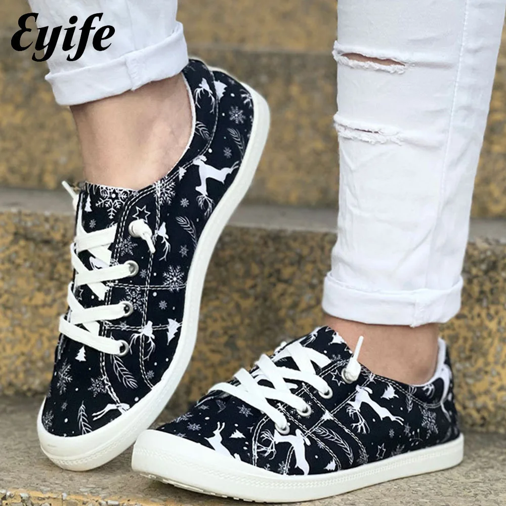 

Christmas Shoes Women 2022 Autumn New Reindeer Lace Up Canvas Sneakers Xmas Gift 43 Large-Sized Home Outdoor Walking Sport Flats