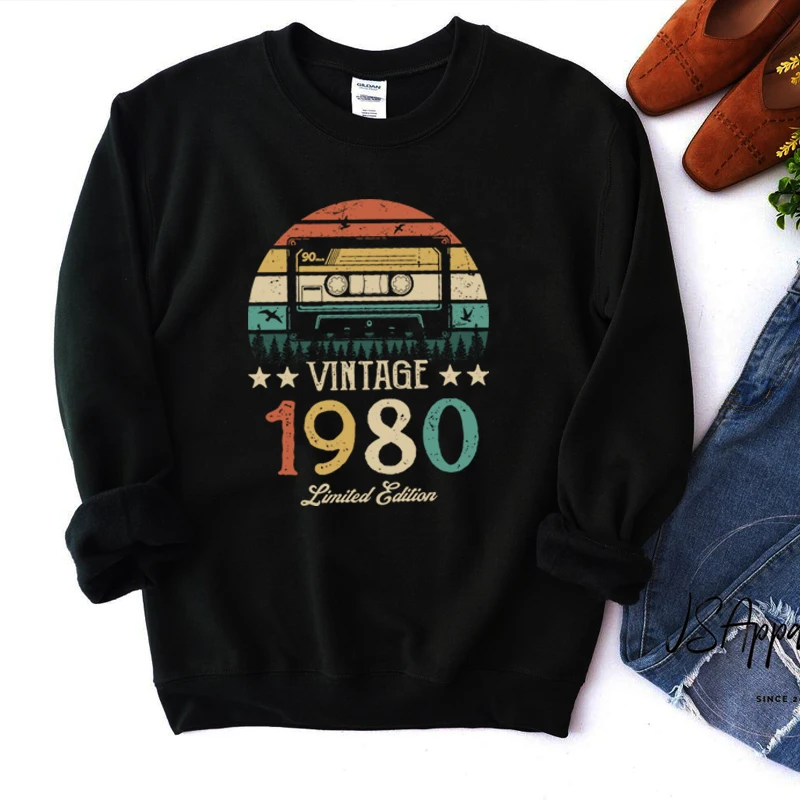 

Vintage 1980 Aesthetic Winter Tops Women Sweatshirt Retro 43rd 43 Years Old Birthday Party Clothes Long Sleeve O Neck Hoodies