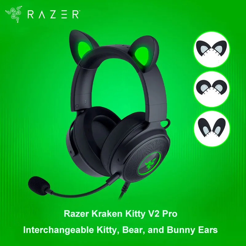 

Razer Kraken Kitty V2 Pro Wired RGB Headset Interchangeable Ears (Kitty, Bear, Bunny) - Stream Reactive Lighting - 50mm Drivers