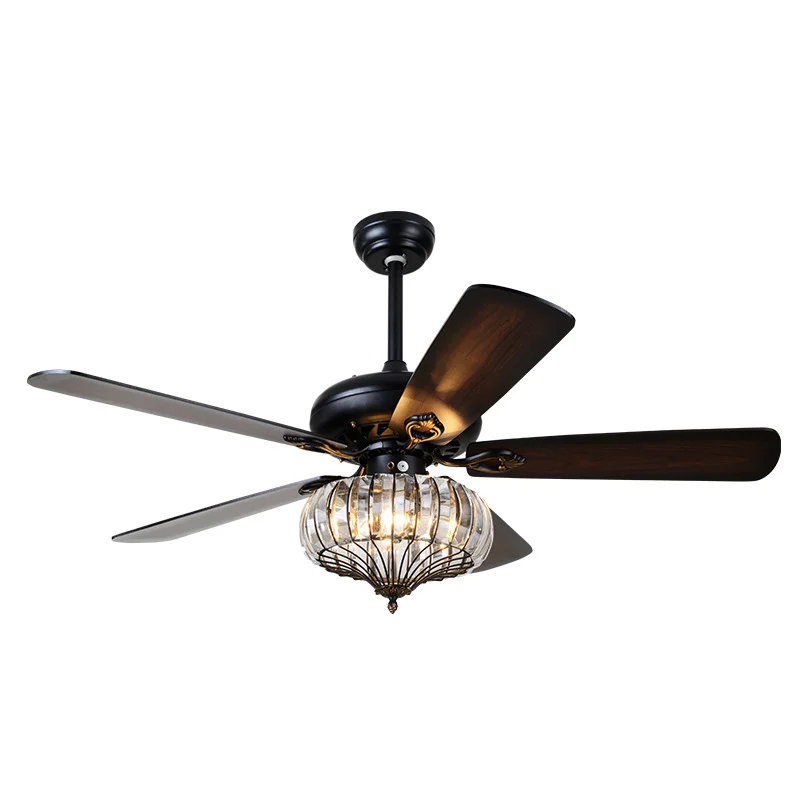 

Led Ceiling Fan Pendant Lamp Light Chandelier Art 52 inch Loft crystal with for living room ventilator black wood Leaf Blade