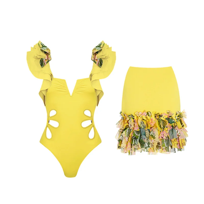 

Female Retro Swimsuit Yellow One Piece Swimwear Holiday Beachwear Solid Designer Bathing Suit Summer Surf Wear