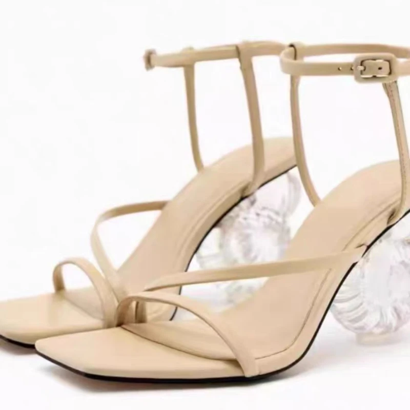 Сандалии Серебристые прозрачные на каблуке 8 см с квадратным носком