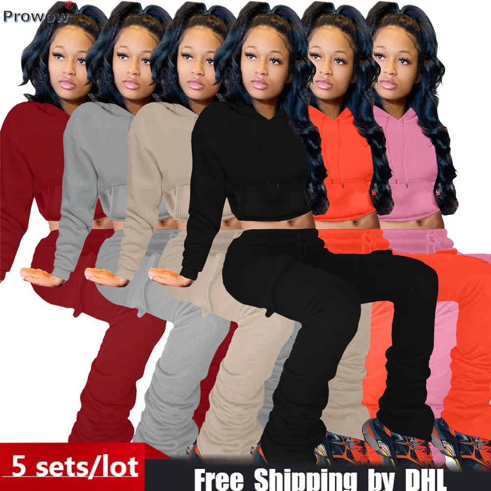 

Женский флисовый спортивный костюм, повседневный однотонный костюм из двух предметов, укороченный топ с капюшоном и штаны, теплый плиссиро...