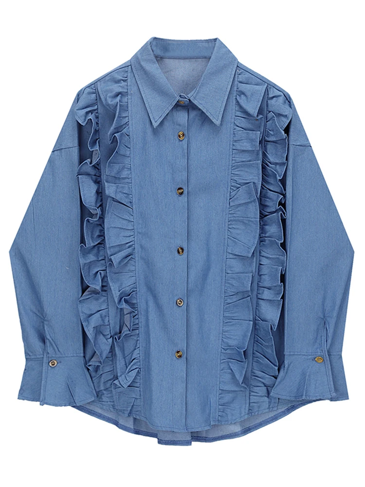 

Women Blue Denim Ruffles Big Size Blouse New Lapel Long Sleeve Loose Fit Shirt Fashion Tide Spring Autumn 2022 N701