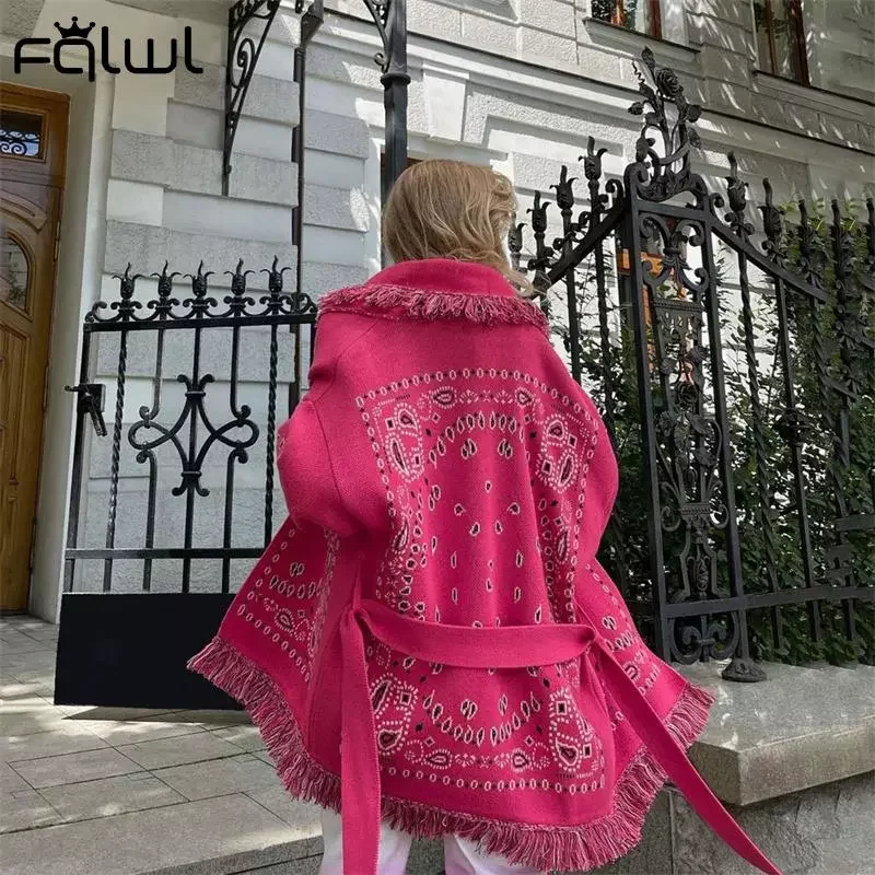 

FQLWL Print Pink Long Sleeve Top Cardigan Sweater Women Fall 2021 Fashion Belt White Tassel knitted Loose Sweater Cardigan
