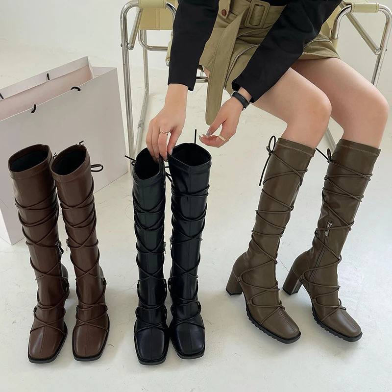 

New 2022 Autumn Winter Ladies Knee High Boots Fashion Cross-tied Female Pumps Shoes Square Toe Zippers Heels Women Modern Boots