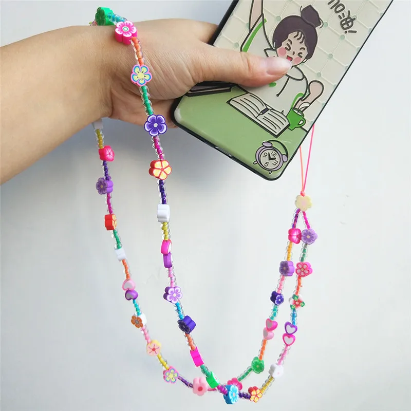 Punki 2022 Summer Fashion Ladies Soft Ceramic Colorful Beads Long Mobile Phone Case Lanyard Cute Smiley Pearl Eye Jewelry