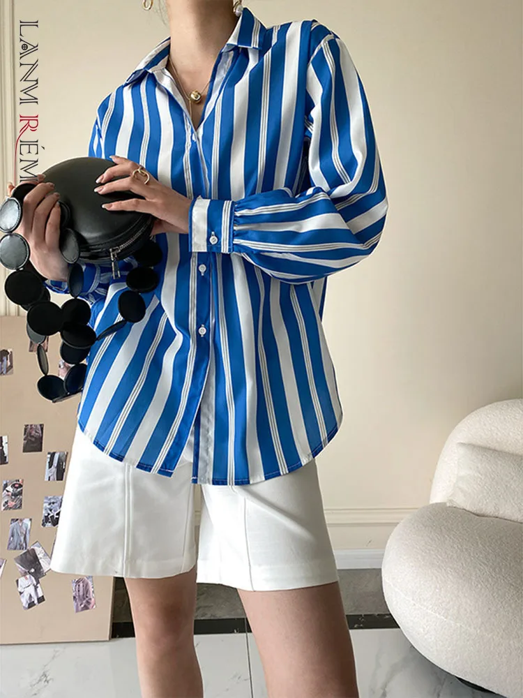 

LANMREM Blue White Striped Shirt Office Lady Loose Niche Single Breasted Lapel Long Sleeves Shirts 2022 Summer Chic Top 2R2250
