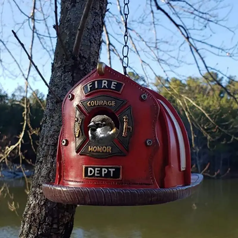 

Charming Decorative Bird House Resin Firefighter Hat Shape Hanging Birds Nest Bird Feeder for Garden Patio Lawn Office outdoor