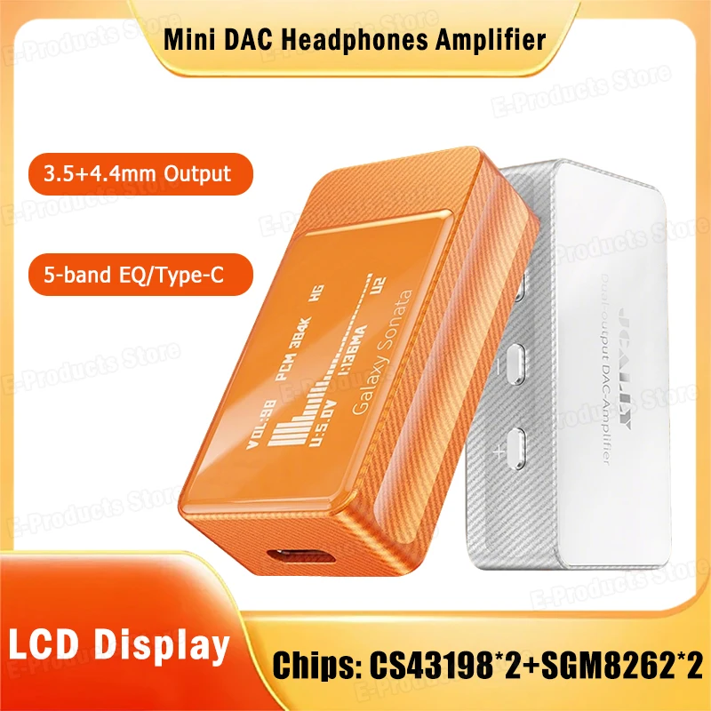 Фото JCALLY Mini DAC-декодер с 5-полосным эквалайзером, Hi-Fi усилитель для наушников, двойные чипы CS43198 SGM8262, выходы 3.5 мм и 4.4 мм, ЖК-дисплей №1
