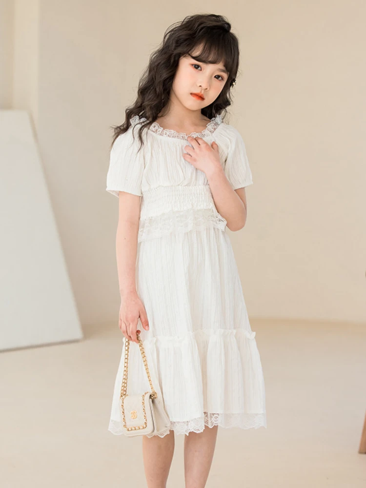 

Жаккардовое кружевное платье для девочек, комплект из двух предметов, Новинка лета 2023, для детей старшего возраста, корейская мода, белая принцесса в иностранном стиле