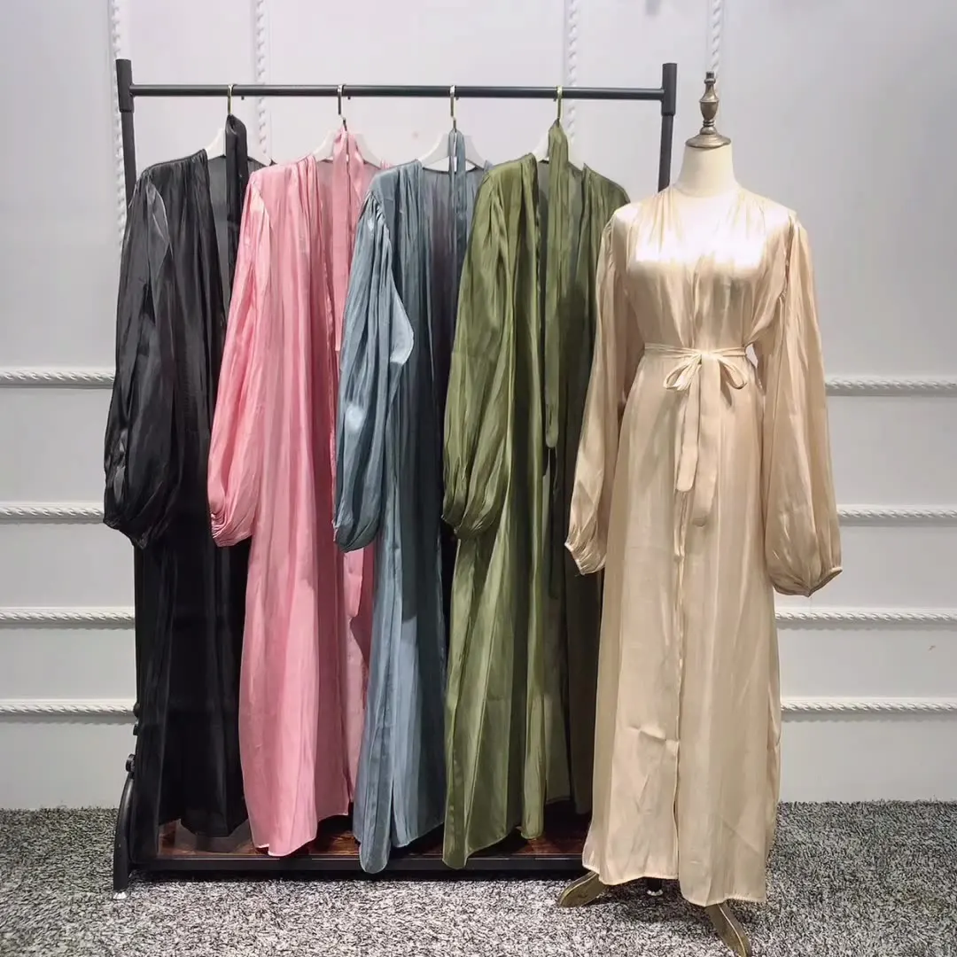 Muslim Satin Eid Open Abaya Dubai Bubble Sleeve Flowy Turkish Dresses Kaftan for Women Islamic Clothing Kimono Femme Musulmane