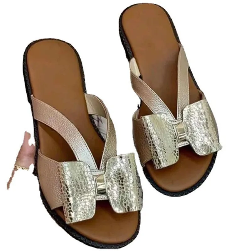 New Low Heel Color Matching Bow Ladies Sandals and Slippers Plus Size Women's Shoes