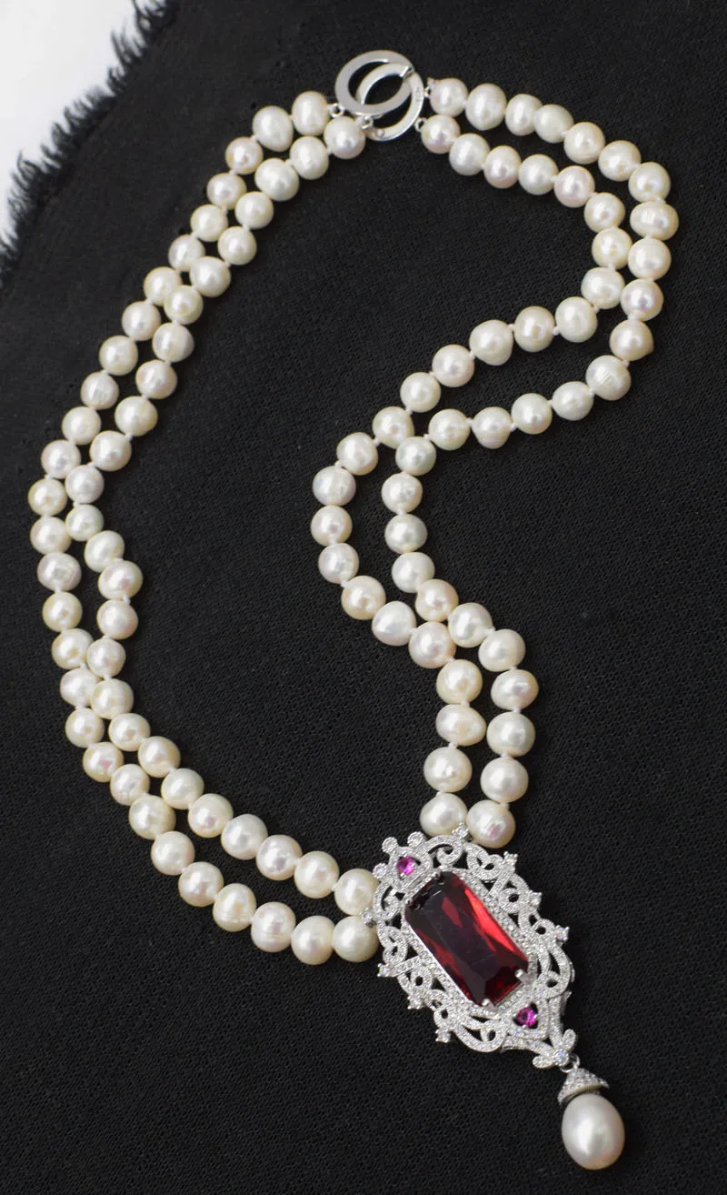 2rows freshwater pearl white near round 8-9mm necklace red zircon nature beads wholesale 17-18inch