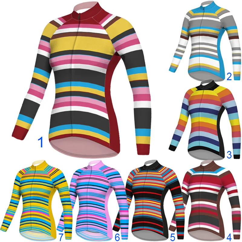

Fashion Women Long Sleeve Cycling Jersey Jacket Road Clothes MTB Coat Bike Sweater Wear Breathe Shirt Basic Stripe Bicycle Tops