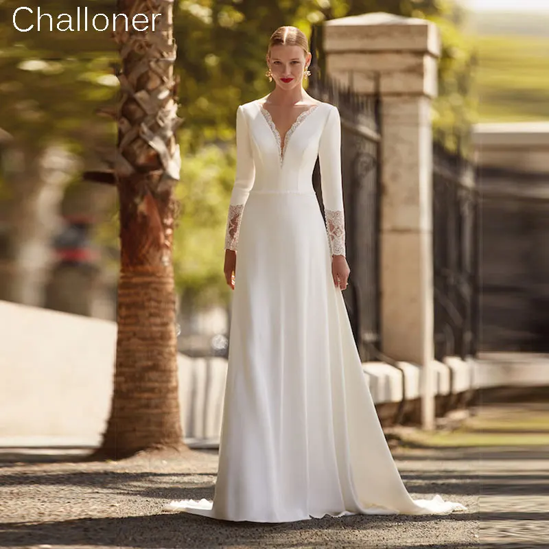 

Challoner Simple Satin Ivory Wedding Dresses Boho With Appliques Long Sleeves Sexy V-neck Bridal Gowns Open Back Robe De Mariée