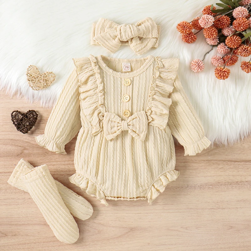 

0-12M Newborn Baby Girls 3Pcs Fall Outfits Long Sleeve Button Front Ruffle Romper + Socks + Headband Set