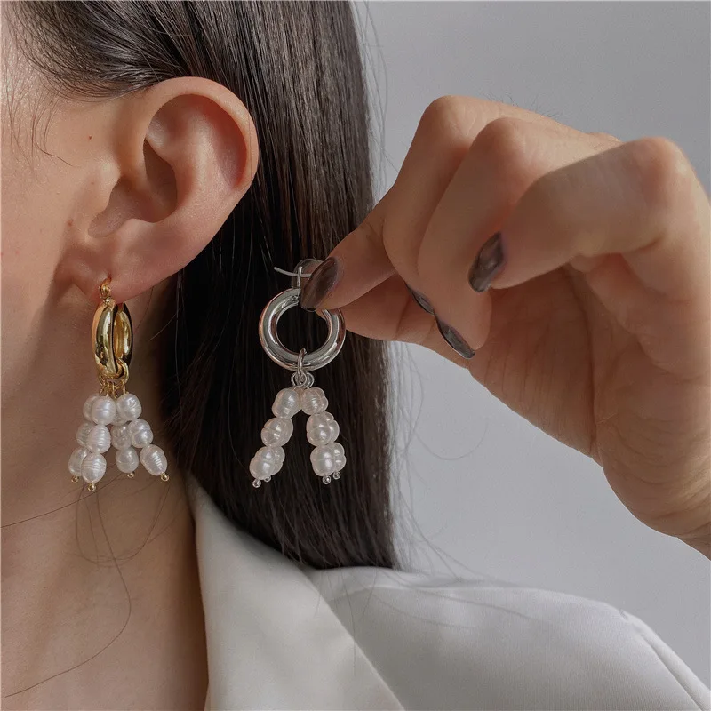 

Minar Textured Irregular Freshwater Pearl Hoop Earrings for Women Baroque Pearls Strand Geometric Pendant Earring Daily Jewelry