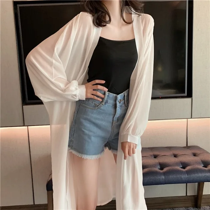 

Supper fairy is prevented bask in clothes female over-the-knee long cardigan ultra-thin coat summer fairy bask chiffon unlined u