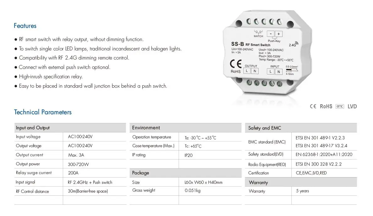 Фото SS-B 1,5A RF+Push Switch SS-B(WZ) 1CH*1,5A Кнопочный переключатель ZigBee/RF SS-B(WT) WiFi/RF Кнопочный переключатель №2