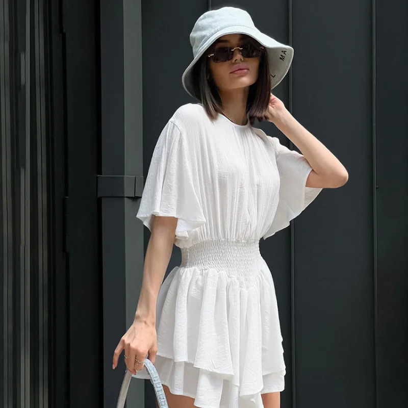

Summer Women Elegant Fashion Corset Folds Mini Dress Casual Short Sleeve O Neck High Waist Pleated Vacation Dress Y2K Clothes