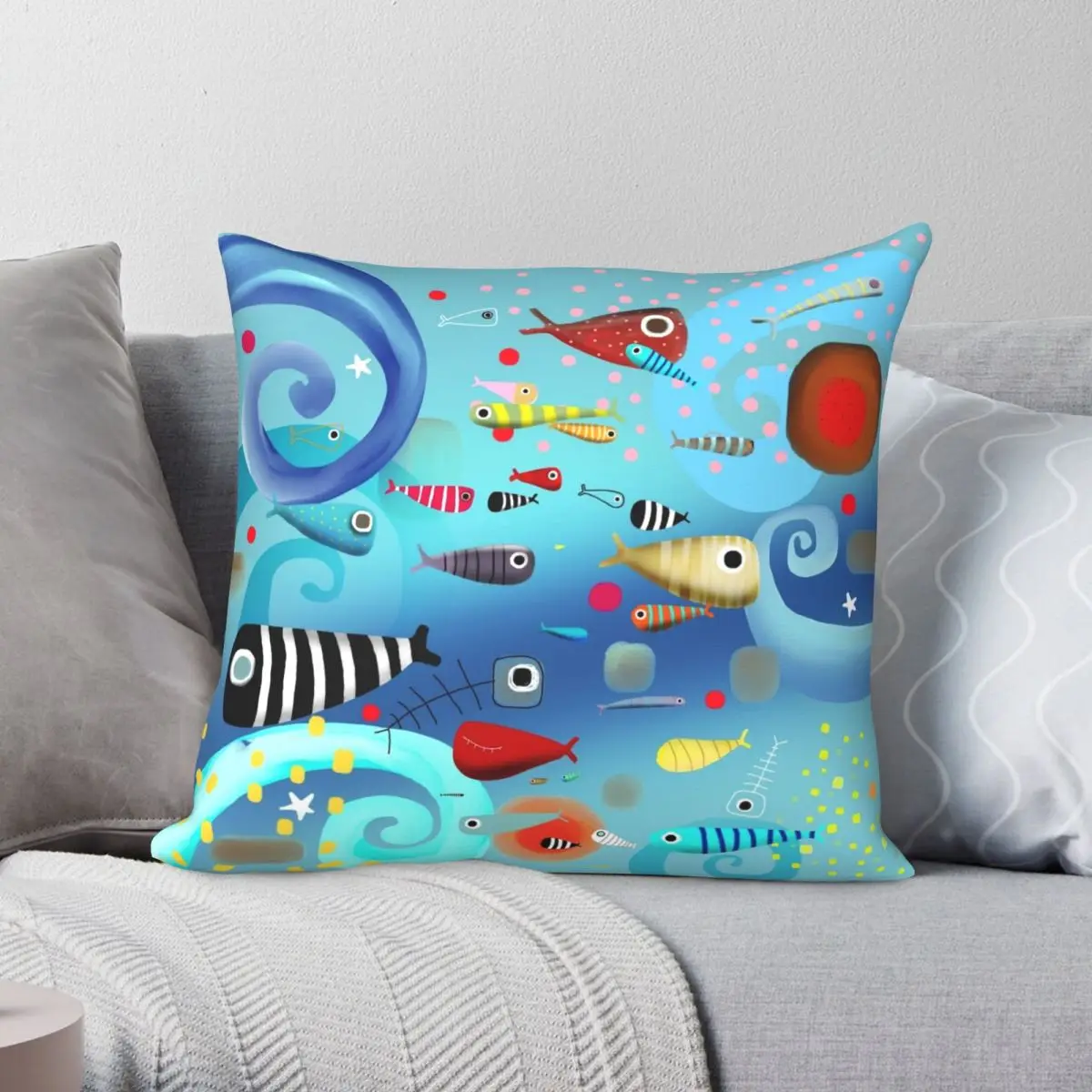 

Underwater Fishes Ocean Swirls Square Pillowcase Polyester Linen Velvet Printed Zip Decor Sofa Seater Cushion Cover