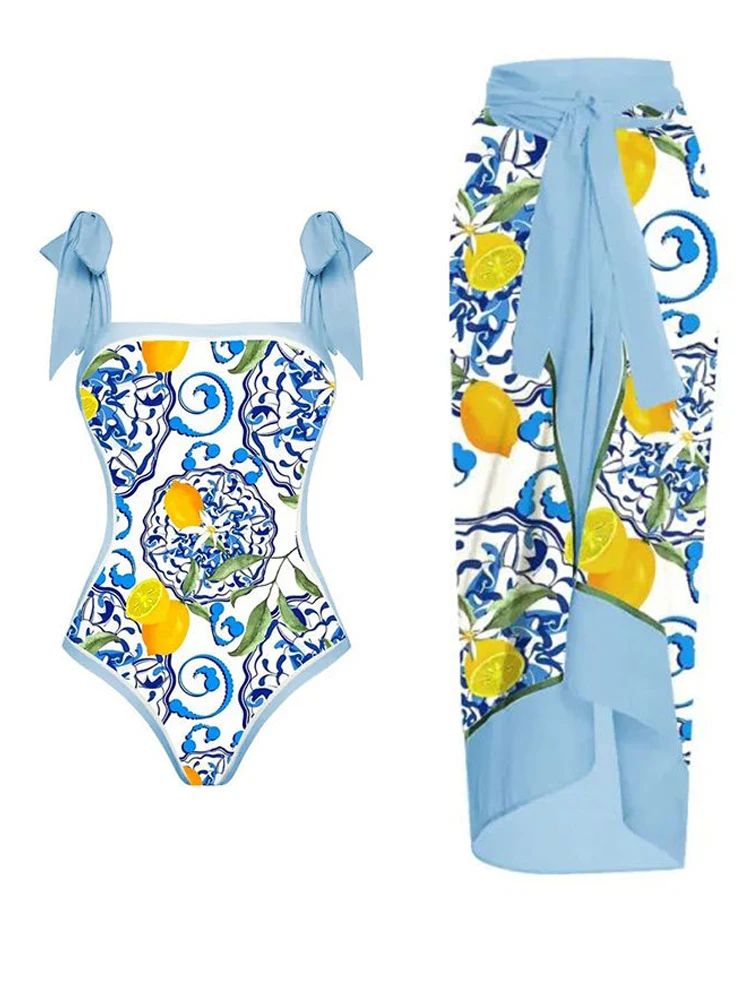 Fashion Printed Swimsuits Women's 2023 Tummy Control Hight Waist One Piece Swimwear Vintage Chiffon Skirt Set for Beach Vacation