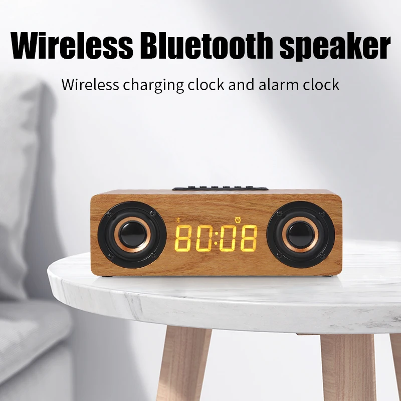 Фото Беспроводное зарядное устройство, Деревянный беспроводной Bluetooth-динамик, будильник с сабвуфером, 3D стерео Бумбокс, звуковая панель для комп... №5