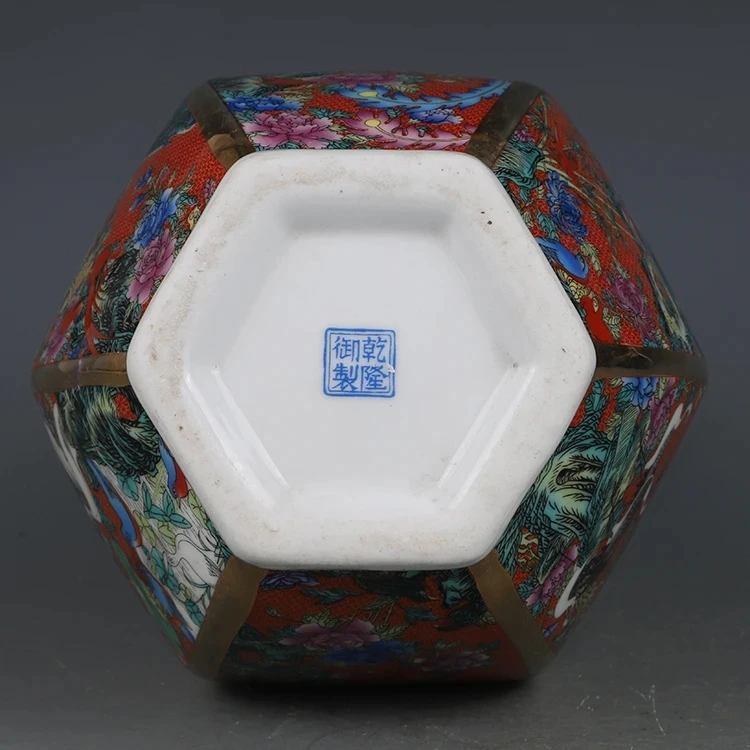 Qianlong Enamel Orange Flower And Bird Hexagonal Vase Antique Jingdezhen Porcelain Home Chinese Decoration 5