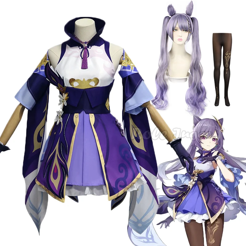 

Новинка, костюм для косплея аниме-игры Genshin Impact Keqing, парики, платье KEQING, аниме униформа, одежда на Хэллоуин для женщин и девочек