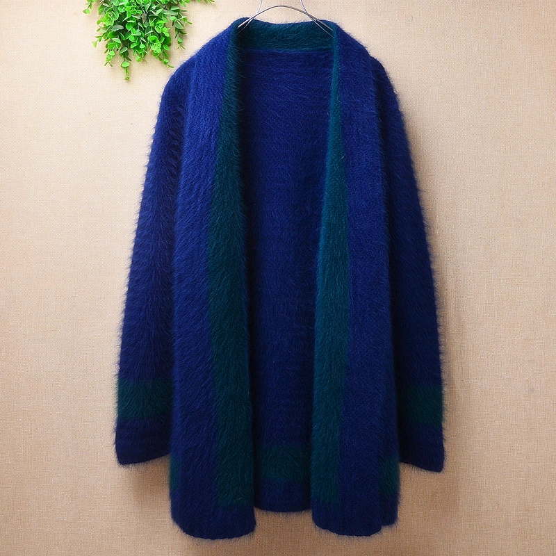 

female women autumn winter hairy mink cashemre knitted long sleeves turn-down neck loose cardigan mantle angora coat sweater top