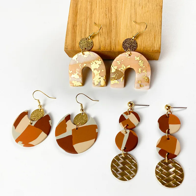 

New Earrings Gold Foil Pottery Earrings Earrings Earrings ins Net Red Retro Ethnic Geometry Soft Pottery Earrings Wholesale