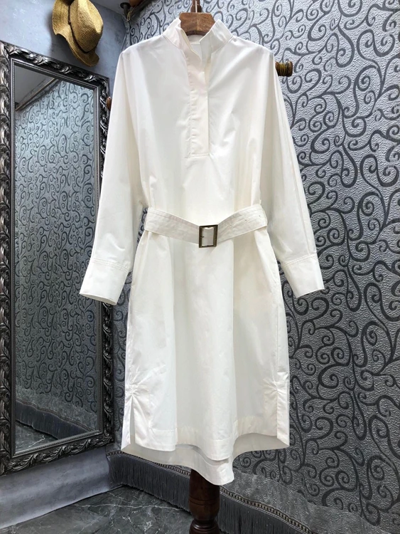 

2022 new women Fashion Small Stand Collar Buckle Belt Decorative Solid Color Long Sleeve Shirt Dress Dress 0122
