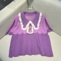 2022 new summer lapel collar short sleeved thin sweater womens thin knitted shirts purple crystal buckle sweet knitwear top