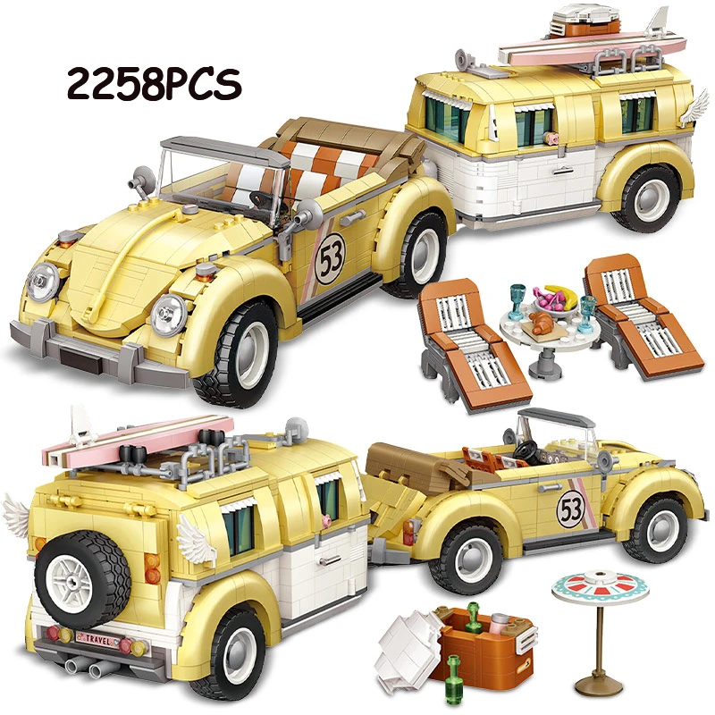 

MOC Creative RV Series Beetle Wagon Technical Car Blocks Building City Mini Camper Vehicle Bricks Sets Children Kids Toys Gifts