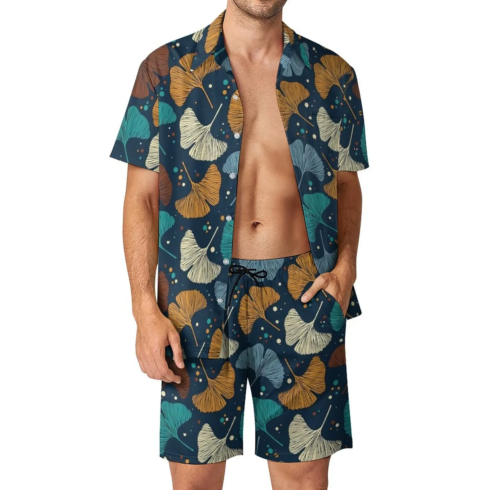 

Мужские комплекты Ginkgo Biloba, Яркие летние крутые комплекты рубашек для отпуска с цветными листьями, индивидуальный костюм большого размера с коротким рукавом