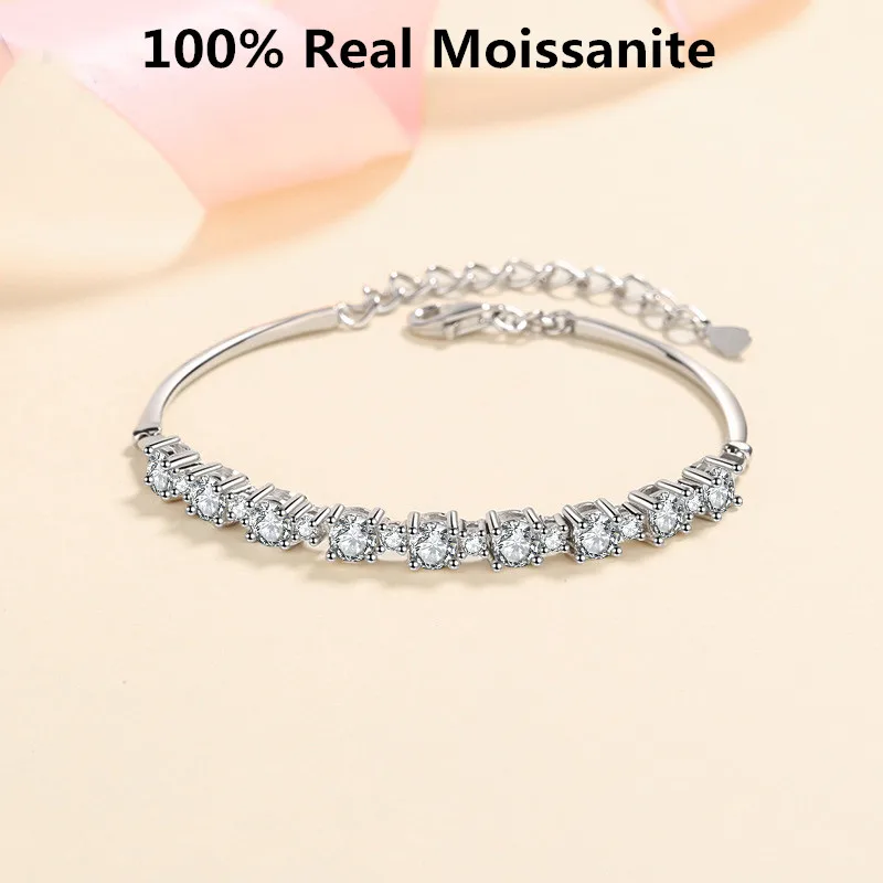 

925 Sterling Silver Real Moissanite Bracelets for Women White Gold 2.7CT D Color Bangle Wedding Sparkles Lab Diamond Bracelet