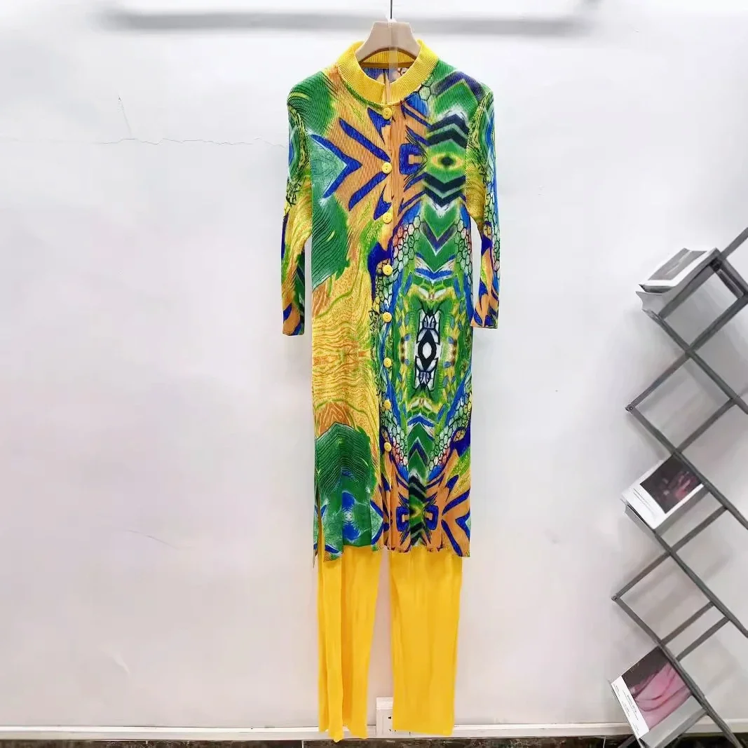 Miyake плиссированный кардиган с принтом длинный топ воротником-стойкой +