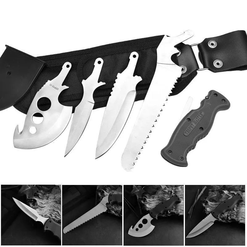 

4 In 1 Stainless Steel Outdoor Folding Cutting Tools Multi-purpose Double-tooth Saw Knife with Nylon Sleeve Camping Hiking Knife