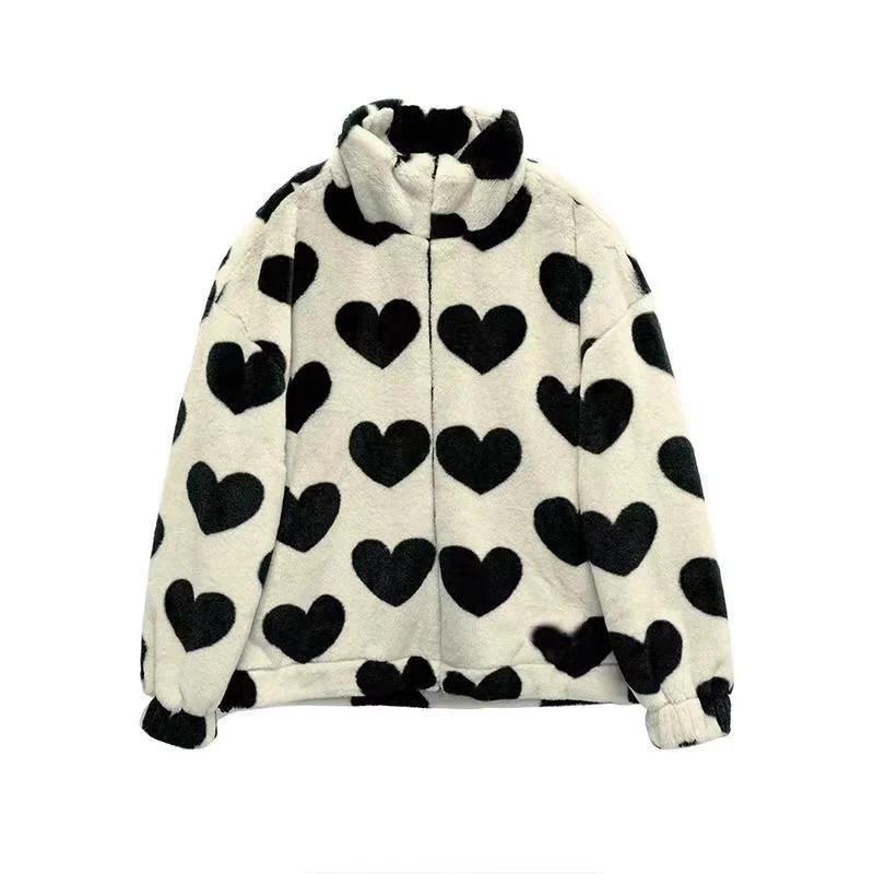 Gothic Faux Fur Coats Parkas Autumn Winter Thick Jacket Casual Fashion Lamb Fluffy Sweet Korean Loose Heart Pattern Warm Parka