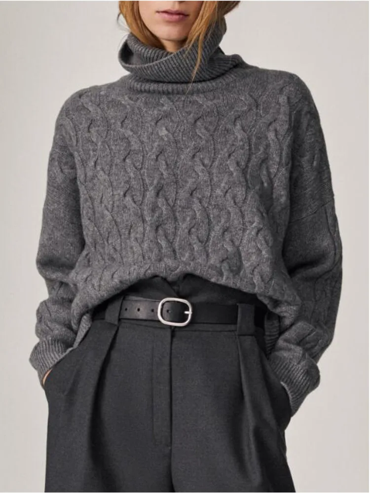 

Женский вязаный свитер-водолазка, повседневный простой пуловер с цветочным принтом из конопли, Осень-зима 2023